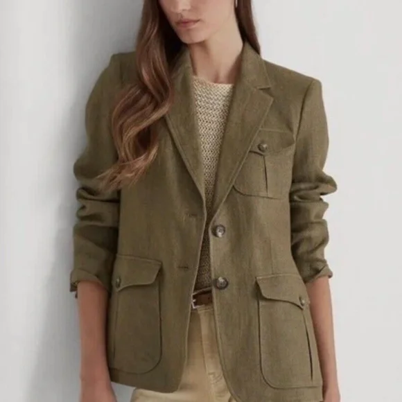 Lauren Ralph Lauren Herringbone Linen Blazer In Olive Fern Size 12 NWT $345 - Picture 3 of 12